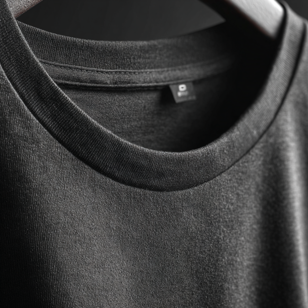 Detail van basic T-shirt voor heren – materiaal en afwerking